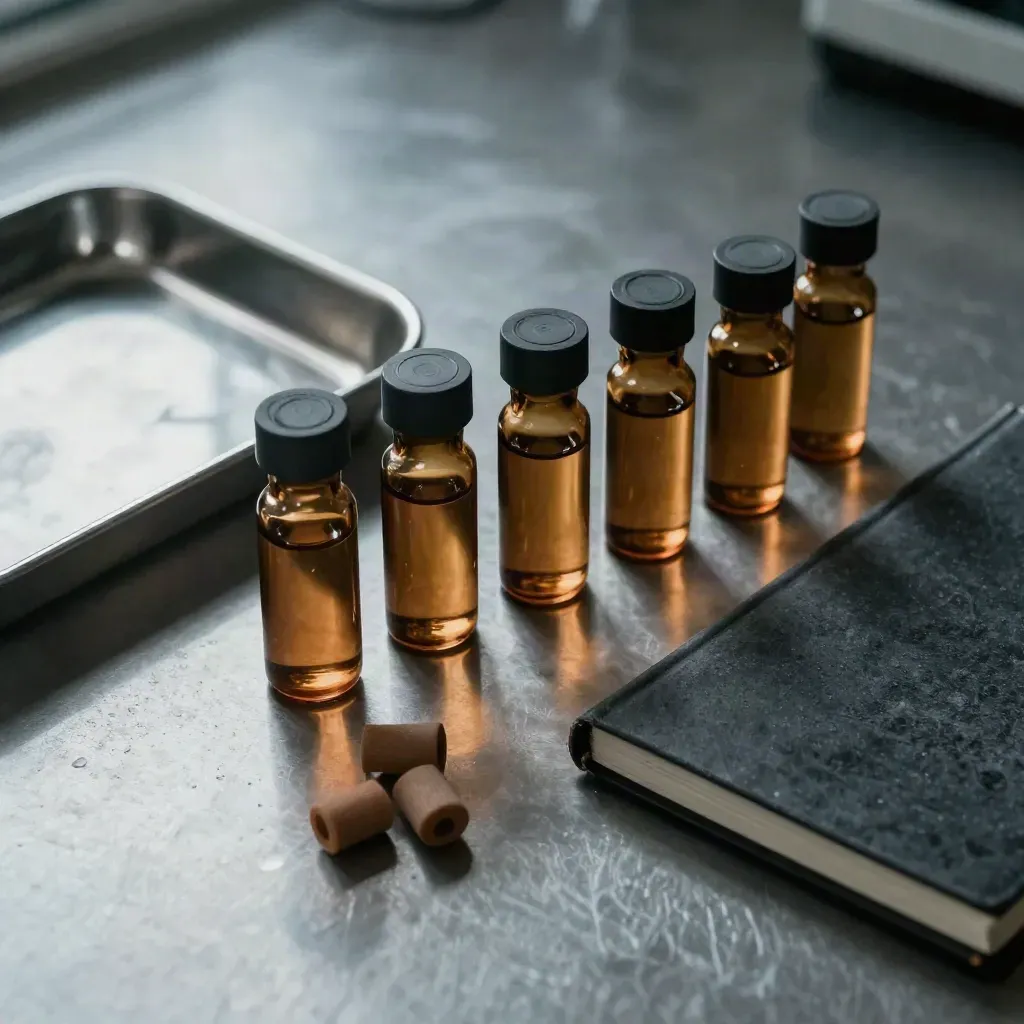 Amber lab vials, slide tray, rubber stoppers, and a charcoal notebook on brushed metal.