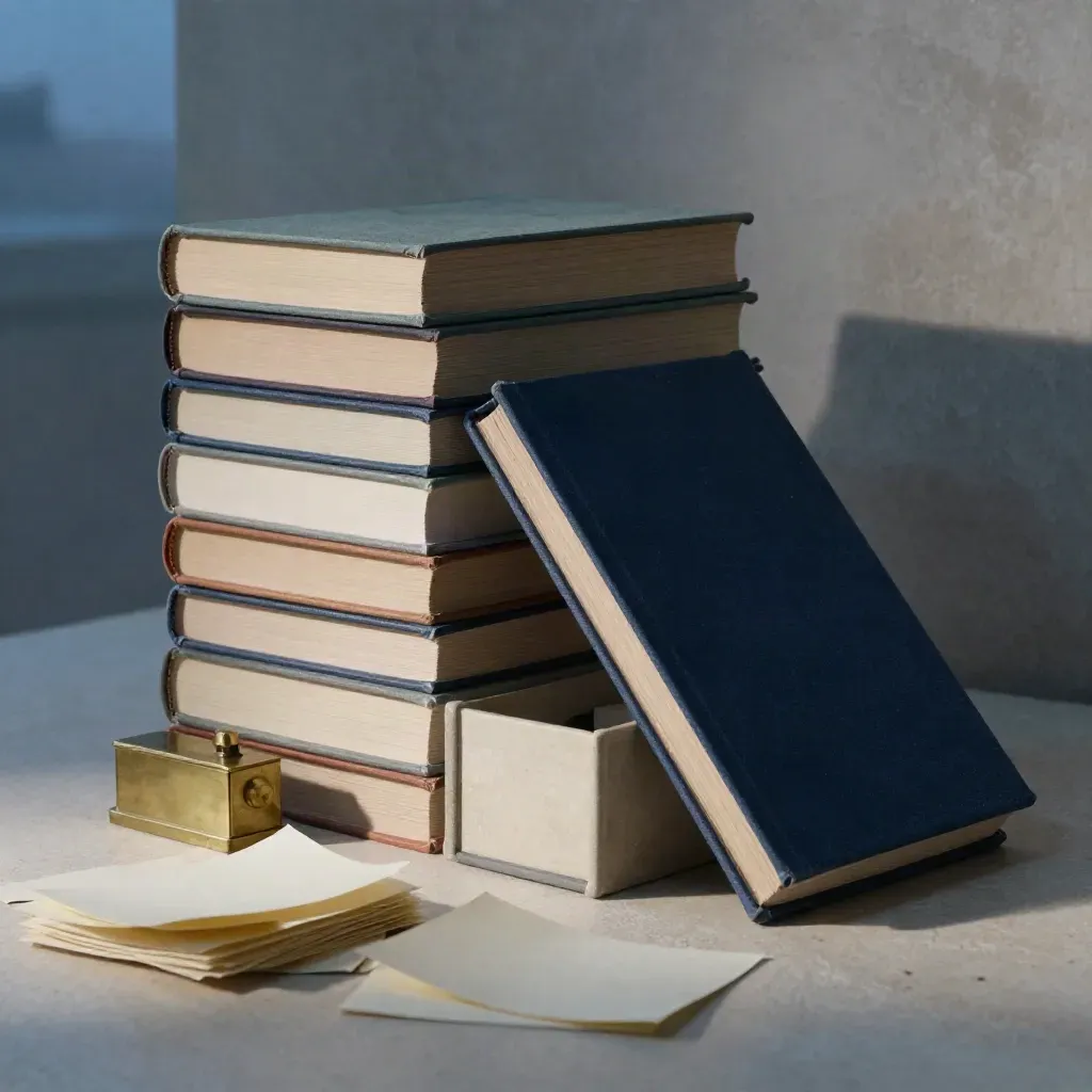 Towering reference books, open card drawer, brass paperweight and note cards on pale stone.