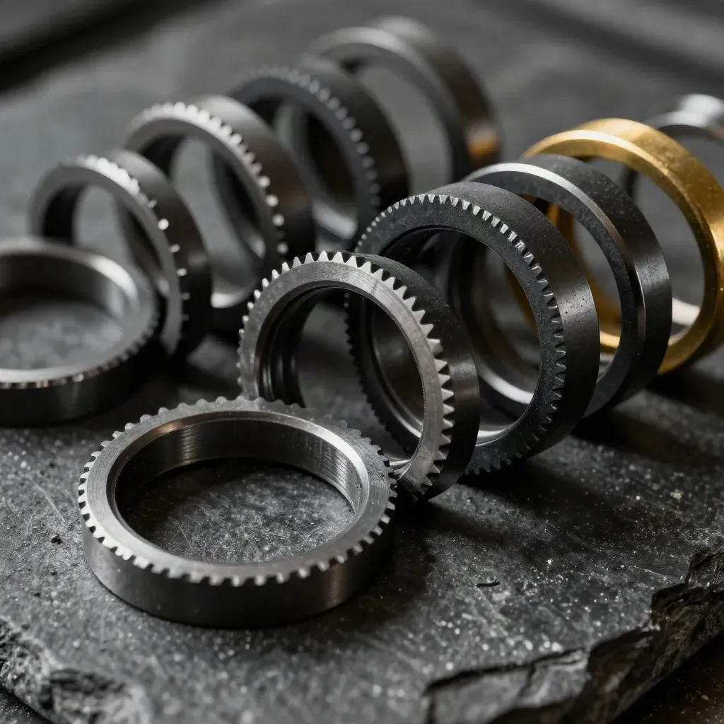 Macro of graphite gasket rings, bolt heads and black spacers on dark stone with a gold brass accent.