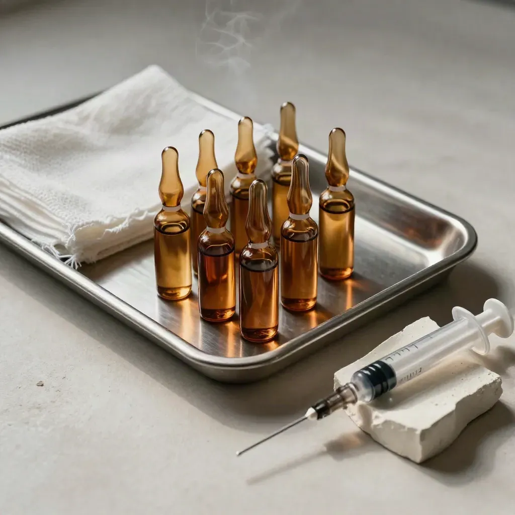Top-down healthcare still life with ampoules, gauze, a tray, and a capped syringe on pale plaster.