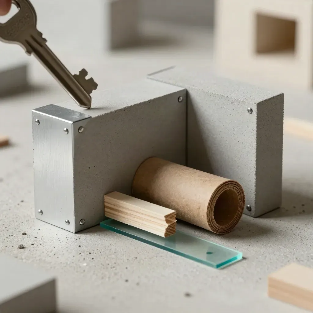 Architecture model cluster with foam-core blocks, aluminum corners and a chipboard tube on pale concrete.