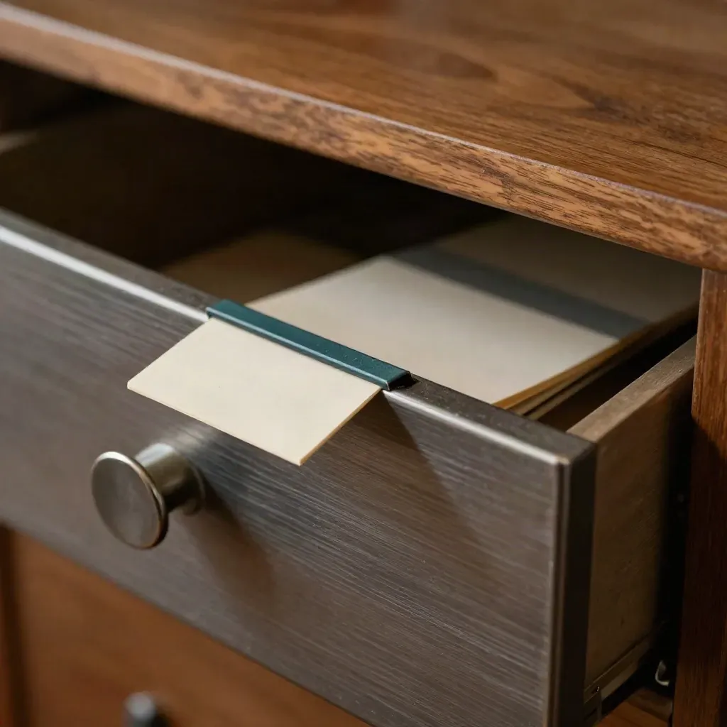 Macro of a half-open metal library catalog drawer with blank tabs and drifting paper dust.