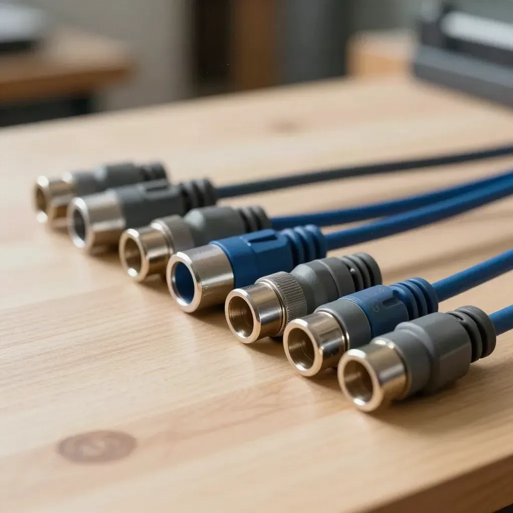 Blue cable couplers and modular port blocks on pale wood in dramatic still life.