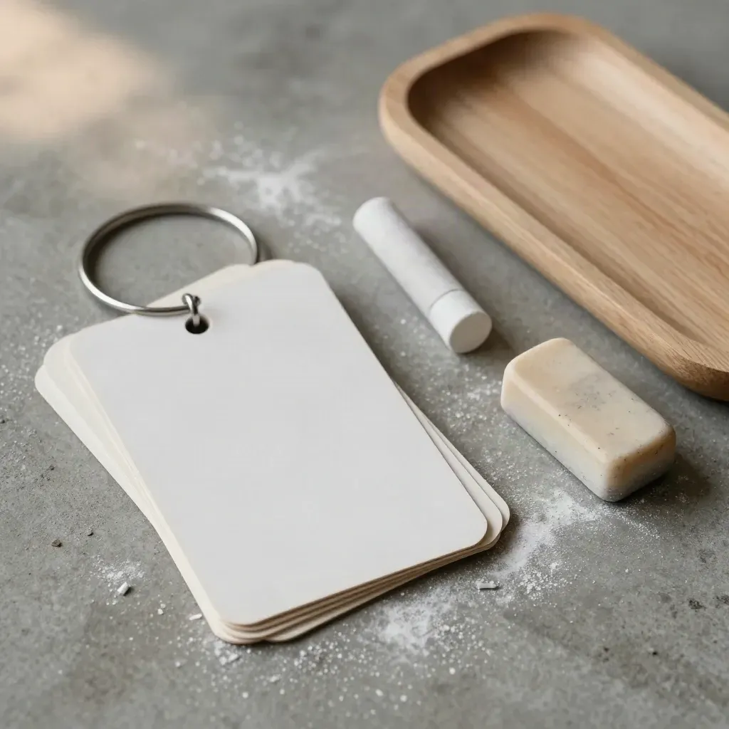 Overhead macro still life of flashcards, chalk sticks, eraser and wooden tray on concrete.