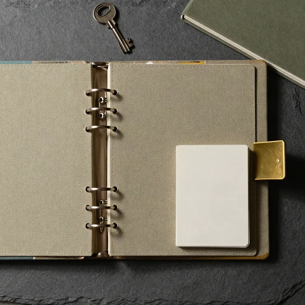 Open linen archive binder with tabs and cards on a slate archive surface, lit dramatically from above.