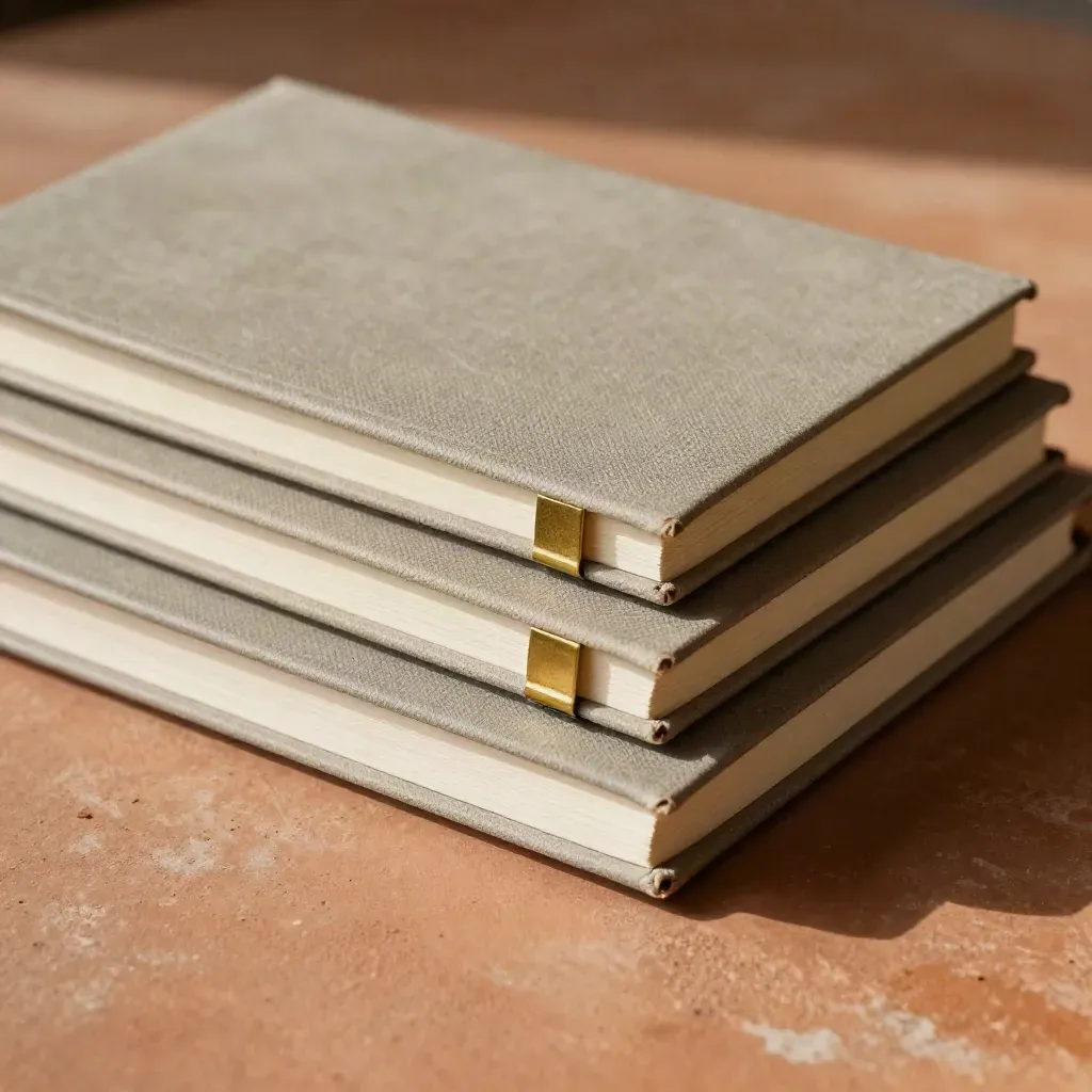 Three clothbound notebooks step upward on a terracotta slab with brass clips and white tabs.