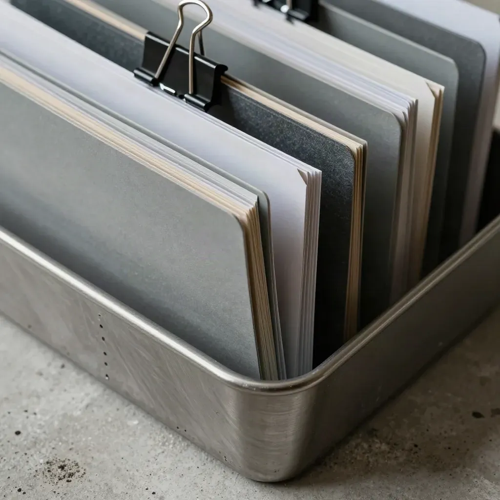 Macro flatlay of archival folders, tabs and a binder clip on brushed concrete.