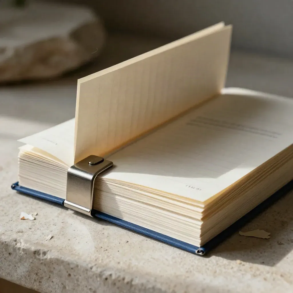 Compressed booklet and blank summary cards on pale stone with a deep blue tab.