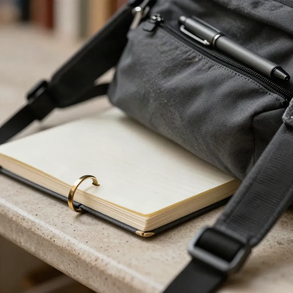 Closed notebook, flashcard ring, pen case, and backpack strap on a stone bench