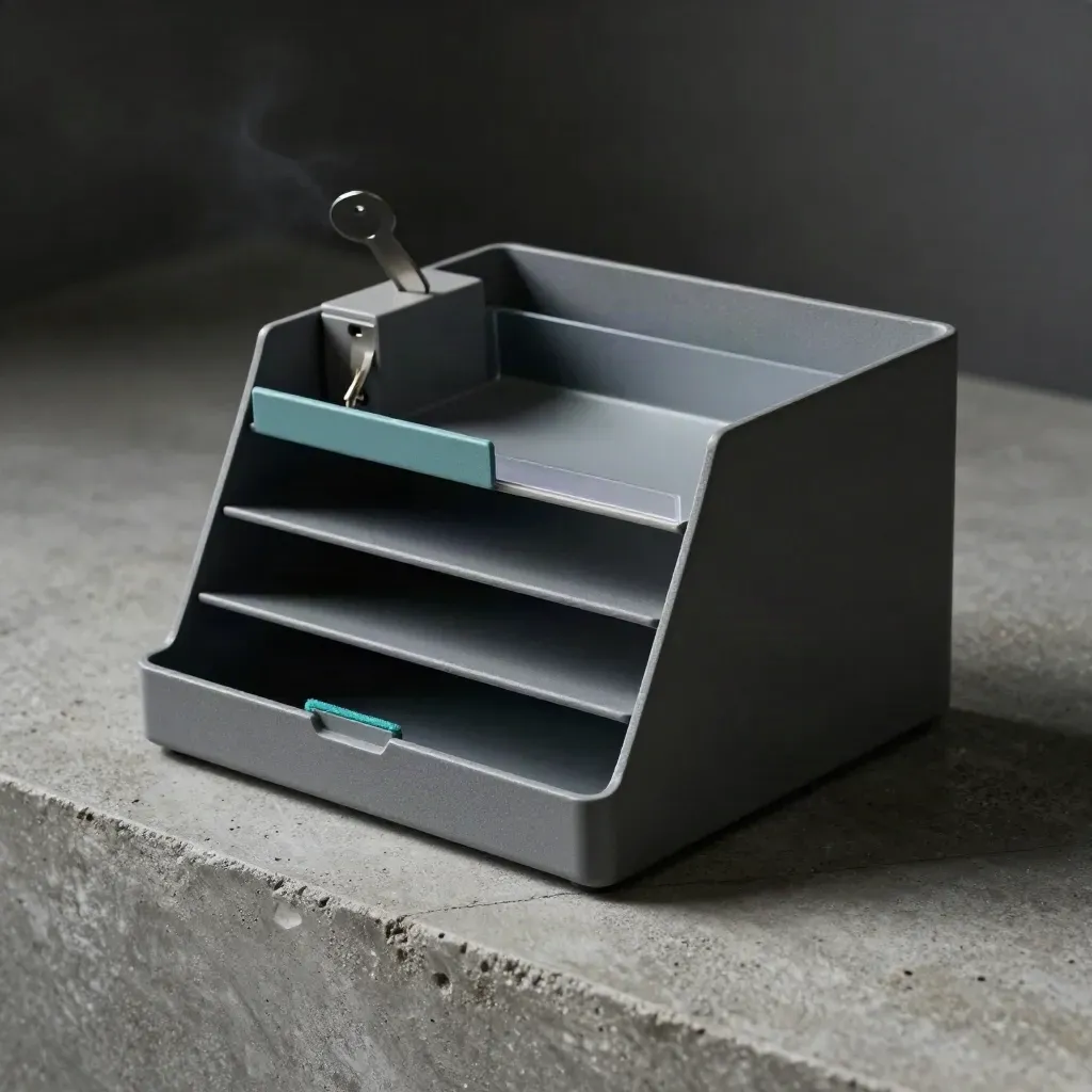 Graphite five-tier document sorter with teal accents on concrete, lit in a dramatic studio still life.