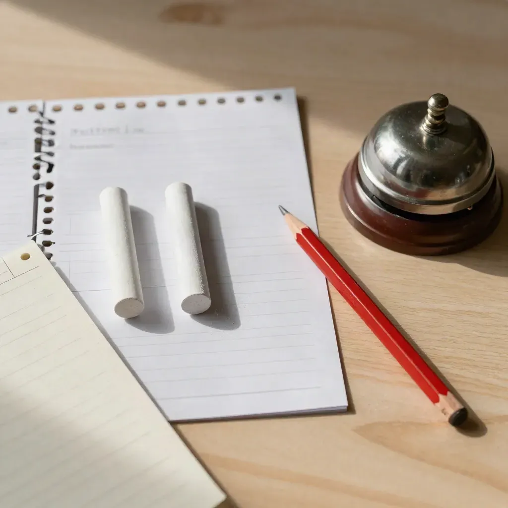 Top-down still life of lesson dividers, chalk, red pencil, and a desk bell on pale wood.