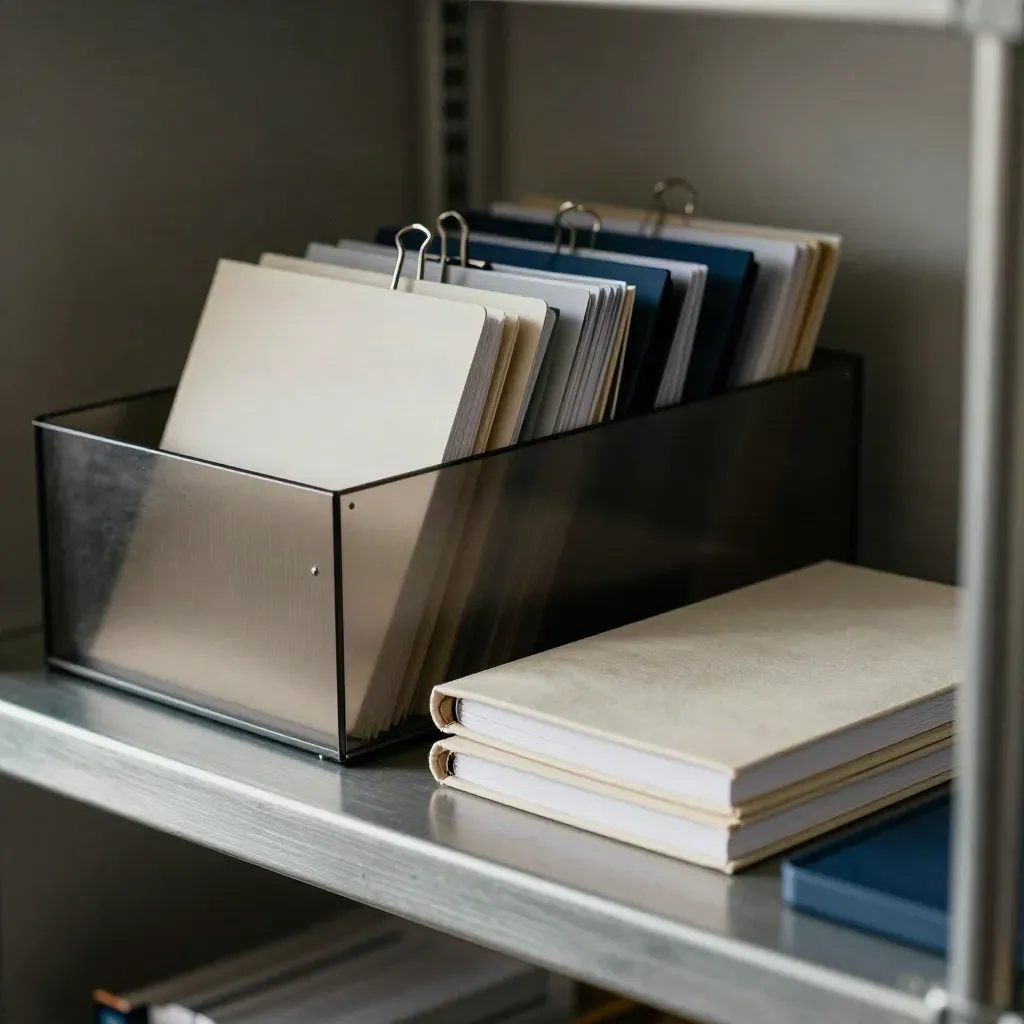 Brushed-metal archive trays, closed notebooks, and binder clips arranged for a knowledge team.