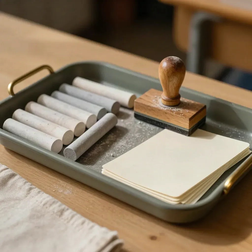 Chalk, a wooden stamp block, and flashcards fanned in a tray with drifting dust.