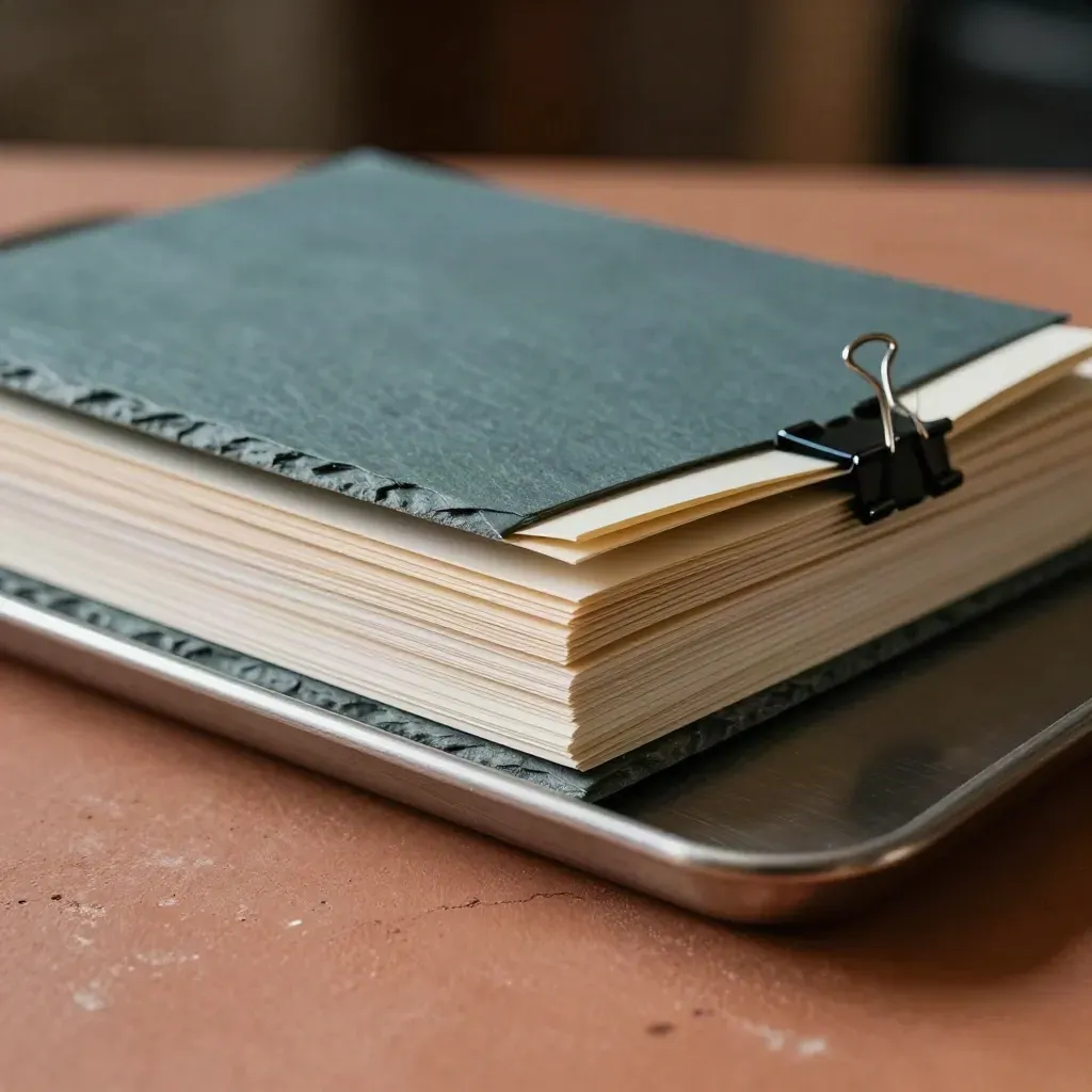 Stacked folders, teal tabs and clipped reference cards in a brushed metal tray
