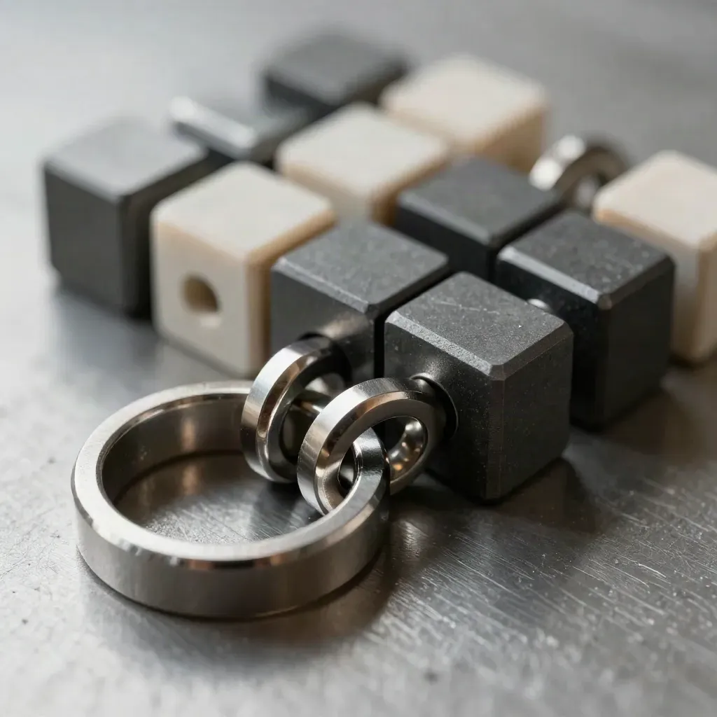 Macro of interlocking metal rings, graphite blocks and connector pins on matte steel.