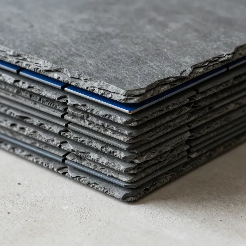Slate modular connectors on pale concrete, lit diagonally with a deep blue accent.