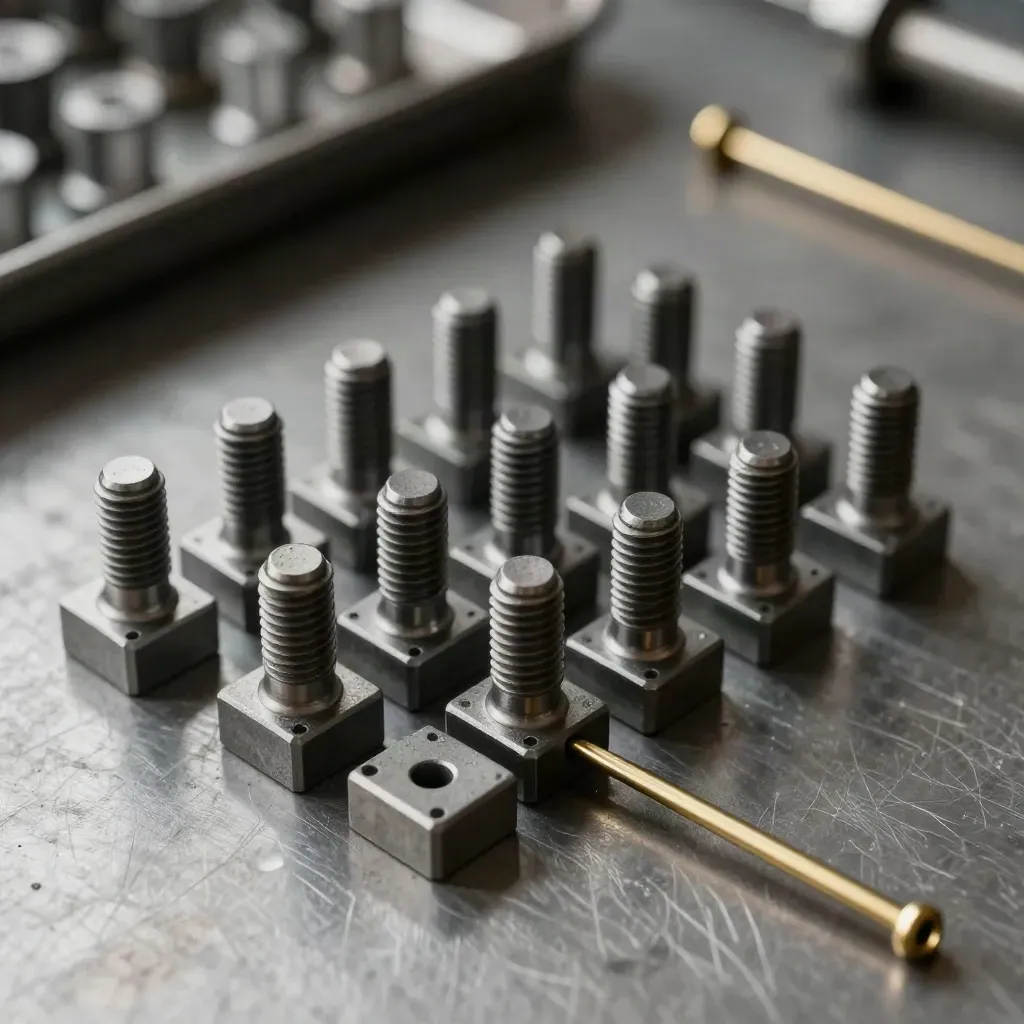 Top-down still life of graphite couplers, bolts and spacer blocks on brushed metal with gold accents.