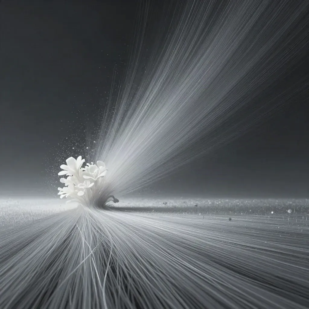 Silver filaments converge into a soft white bloom in dark graphite haze.