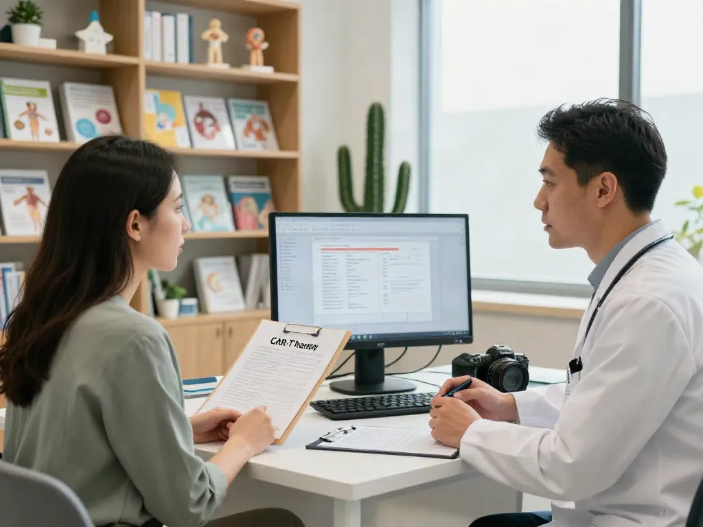 Engagement in CAR-T therapy discussion between a healthcare professional and patient in a modern clinic.